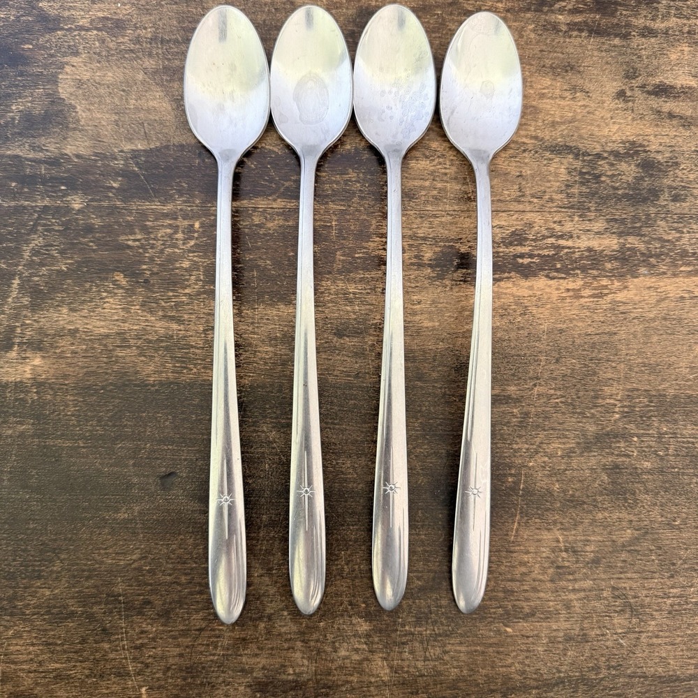 4 Vintage EVR1 Everlasting Stainless USA Ice Tea Spoons Starburst Atomic Stars